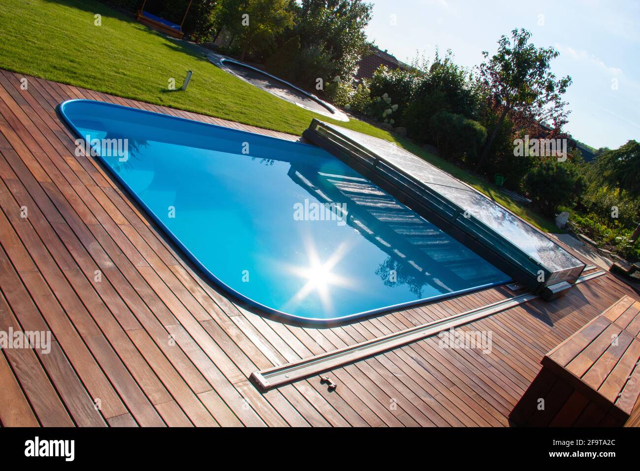 Ipe Wood deck around the pool high angle view, beautiful Ipe hardwood