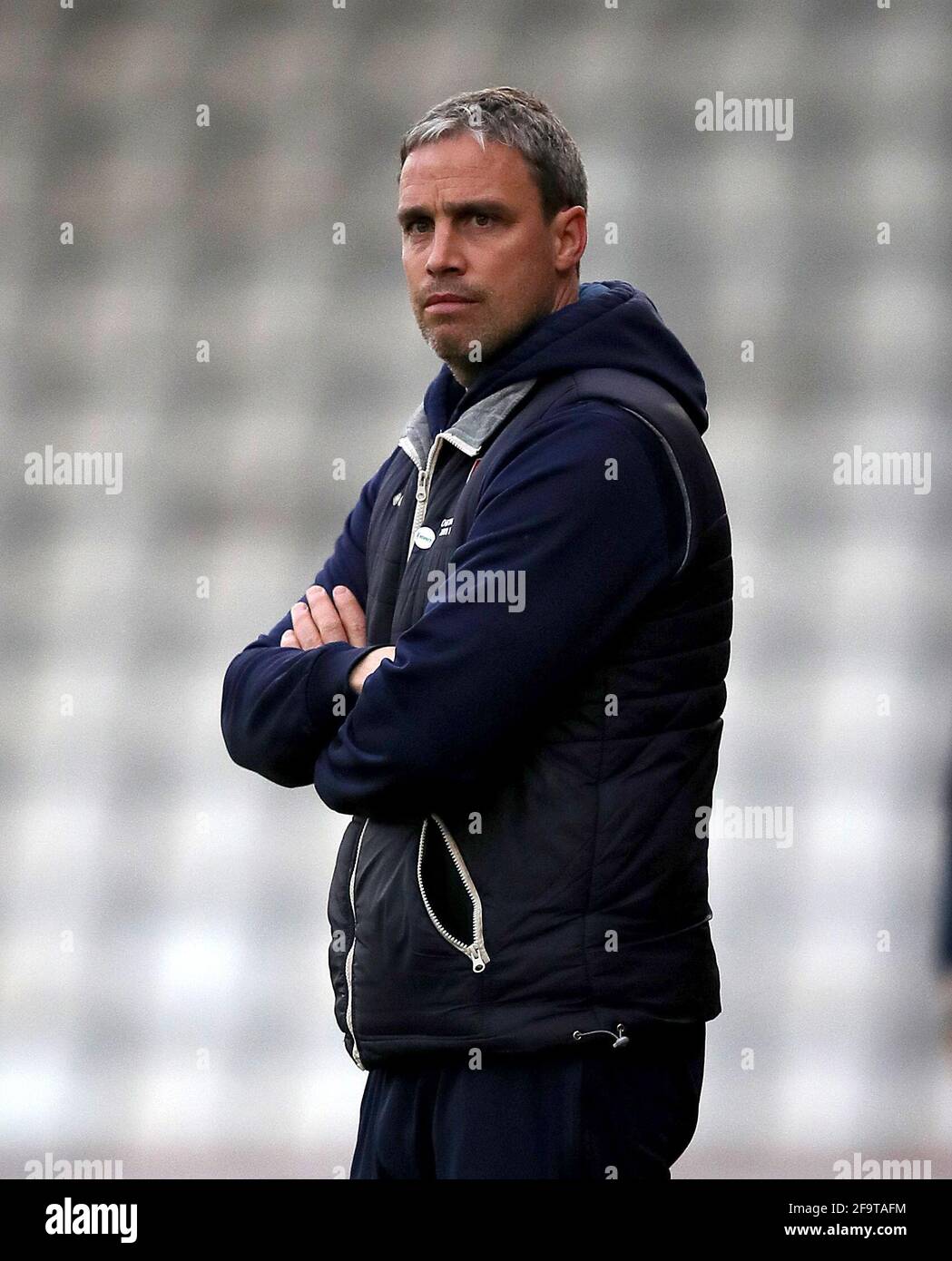 Cheltenham Town manager Michael Duff during the Sky Bet League Two match at the Lamex Stadium, Stevenage. Picture date: Tuesday April 20, 2021. Stock Photo