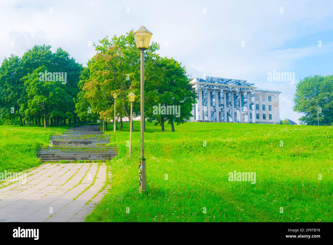 View of a building situated on top of the Tauras hill in Vilnius, Lithuania. Stock Photo