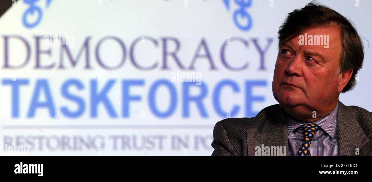 Ken Clark listens as Britain's Conservative Party leader David Cameron speaks at a news conference to launch the party's Democracy Task Force at the Conservative Party headquarters in central London pic David Sandison Stock Photo