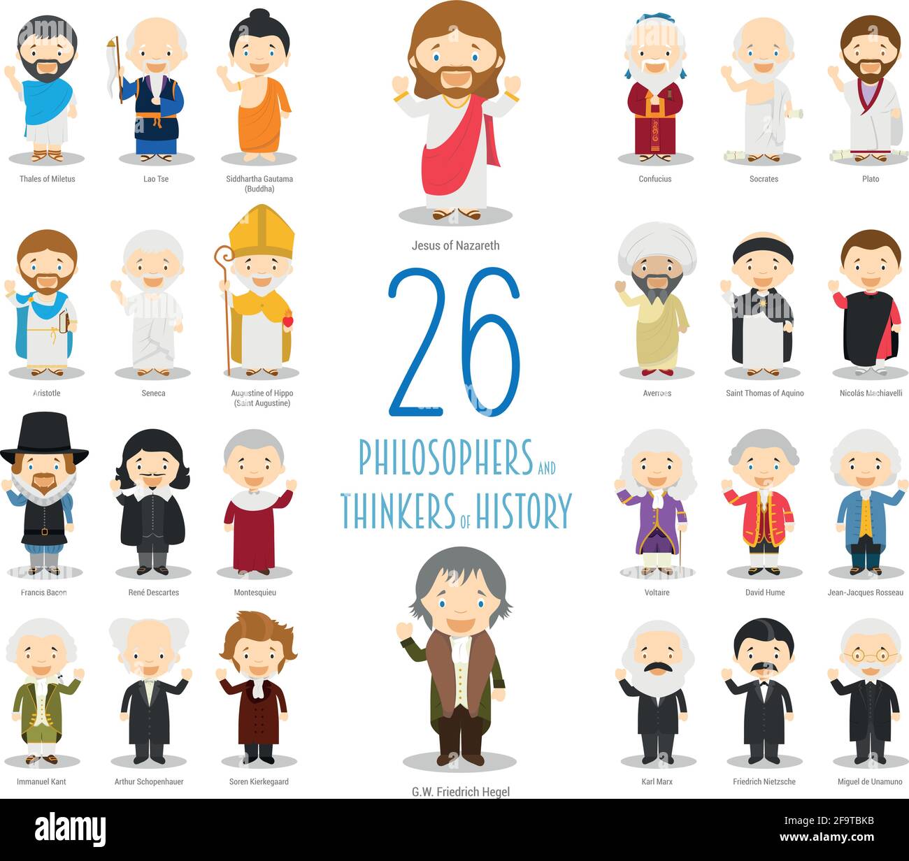 Kids Vector Characters Collection: Set of 26 Great Philosophers and Thinkers of History in cartoon style. Stock Vector