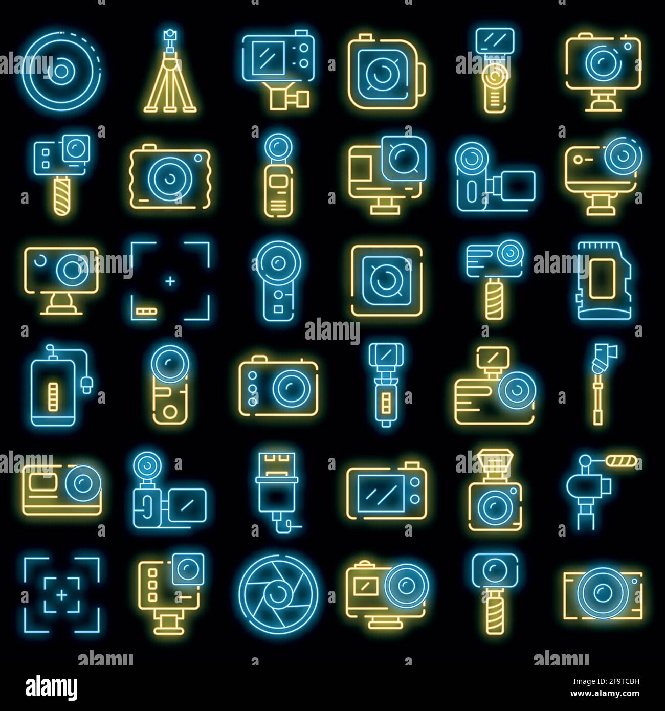 Action camera icons set. Outline set of action camera vector icons neon ...