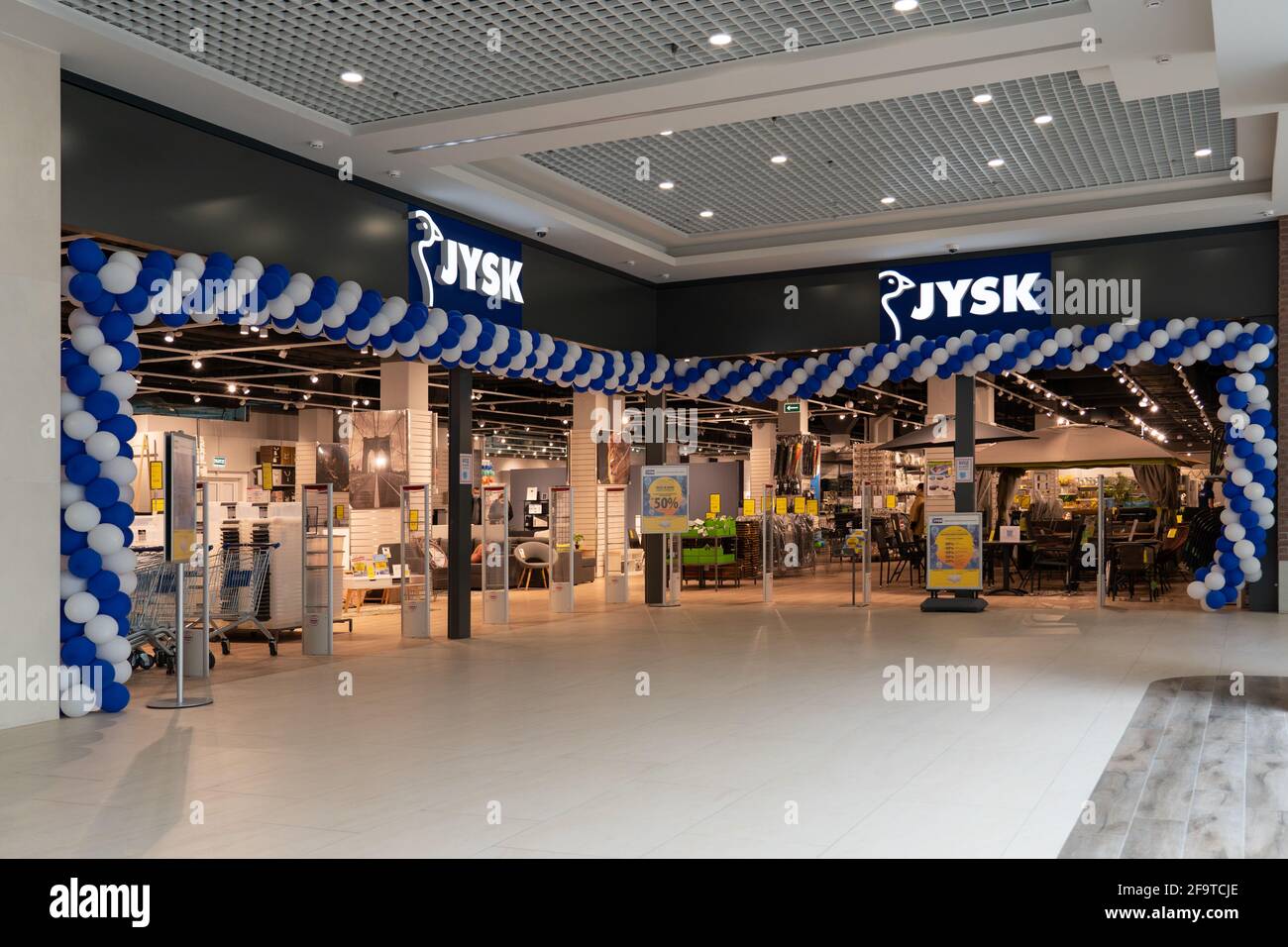 Grodno, Belarus - April 07, 2021: Festively decorated in honor of the  opening of the entrance to JYSK store in mall Triniti. JYSK is the largest  Danis Stock Photo - Alamy