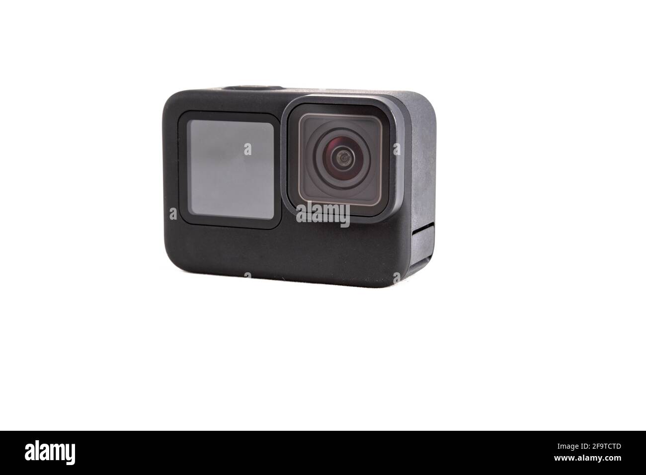 black action camera with screen. front view, isolated white background... Stock Photo