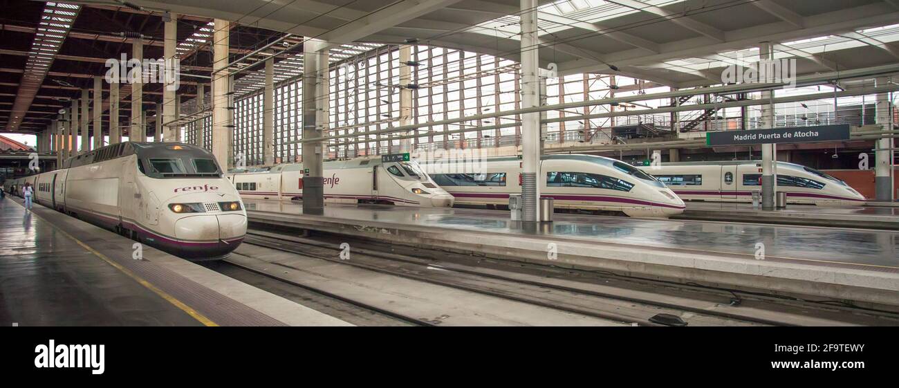 Renfe high-speed bullet trains at Atocha Station, Madrid, Spain Stock Photo