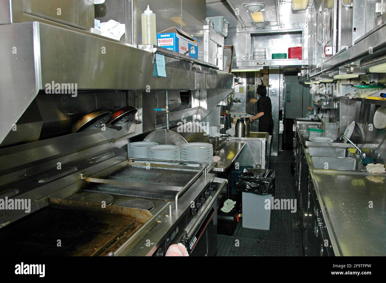 The interior of the kitchen car on the Trans Canadian train between