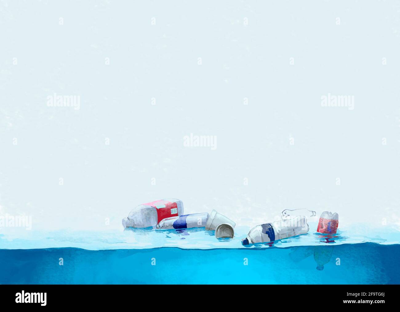 Environmental Pollution Plastic Cups and Bottles in Water Stock Photo