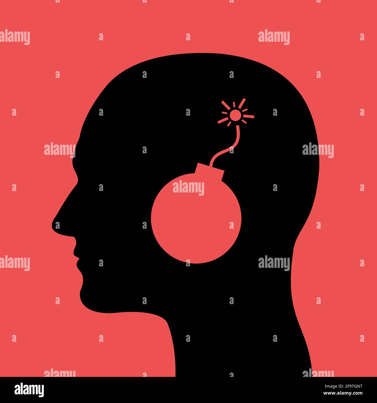 Head with bomb instead on brain. Danger of explosion and blow-up as metaphor of dangerous mental issue and breakdown of mind. Vector illustration. Stock Photo