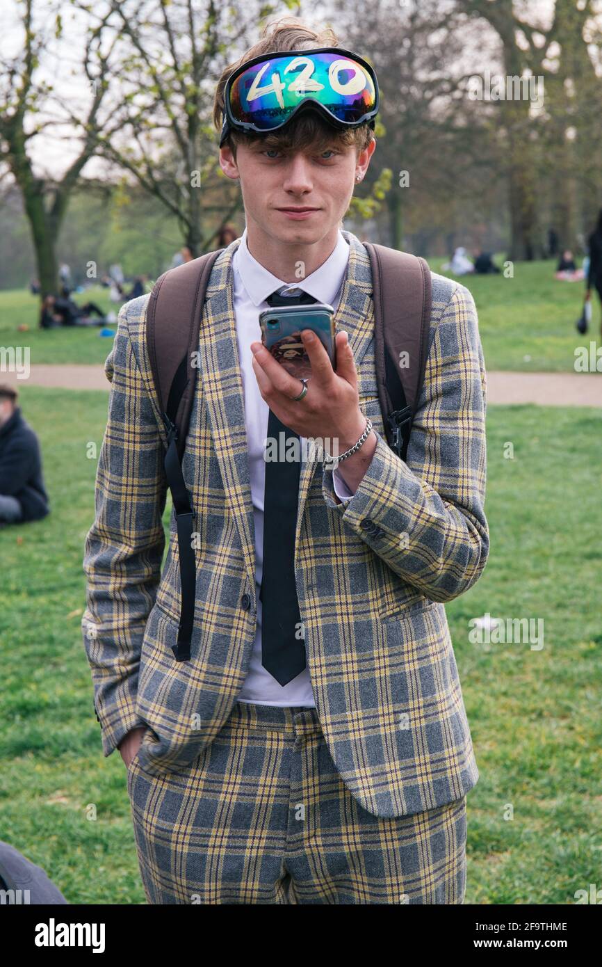 London, UK 4th April 2021 Thousands gather in Hyde Park to celebrate 4/20 'Weed day' despite covid restrictions. The day celebrates the use of cannabis and calls for it to be legalised. Stock Photo