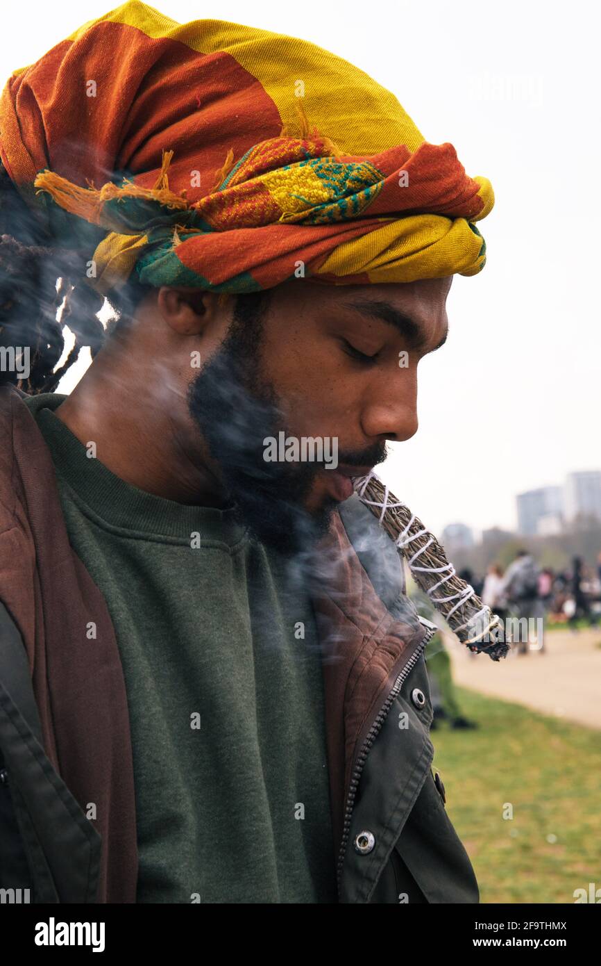London, UK 4th April 2021 Thousands gather in Hyde Park to celebrate 4/20 'Weed day' despite covid restrictions. The day celebrates the use of cannabis and calls for it to be legalised. Stock Photo