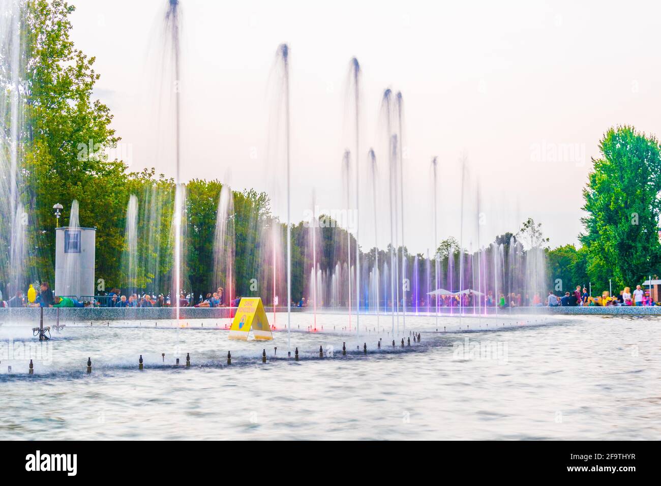 Multimedia Fountain Park in Warsaw during sunset, Poland. Stock Photo