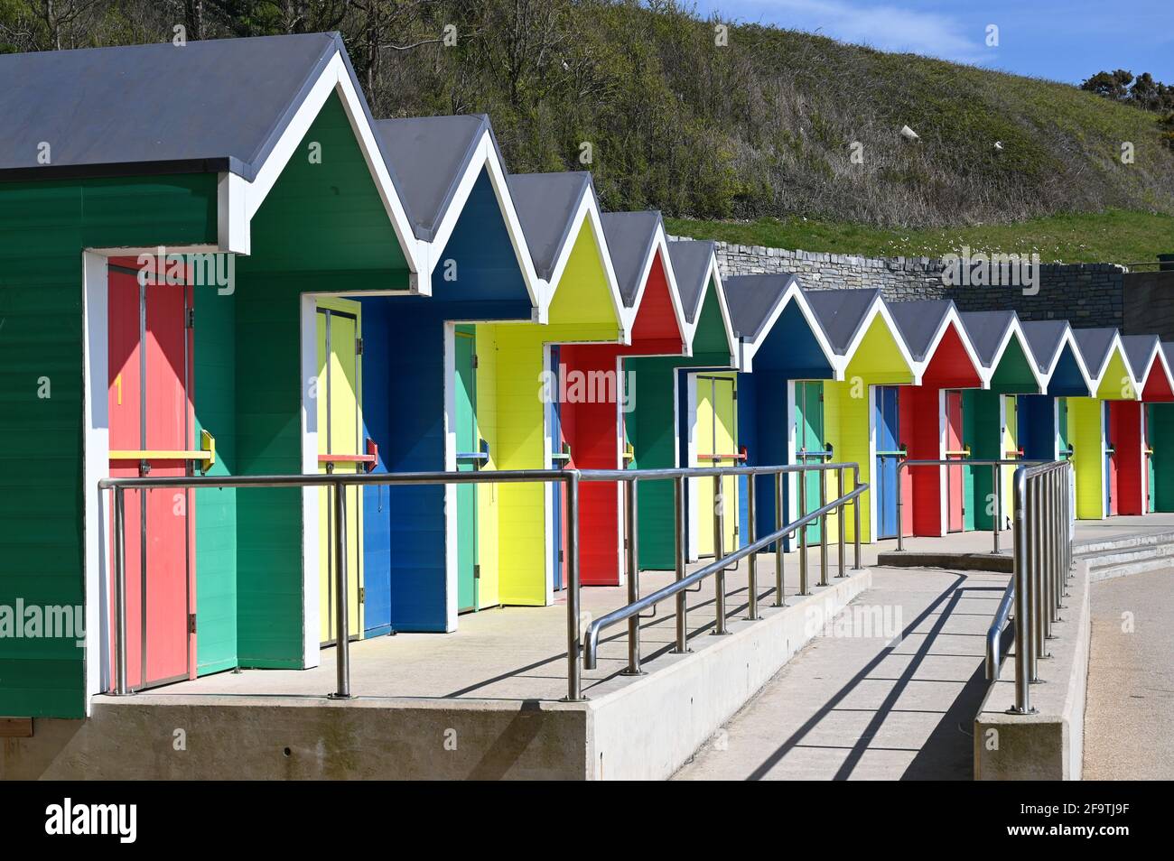Barry Island, Wales, UK April 17, 2021 A row of colorful beach huts