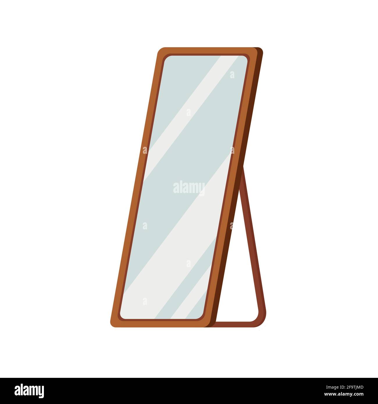 Mirror with wood frame stand on floor isolated on white background. Stock Vector