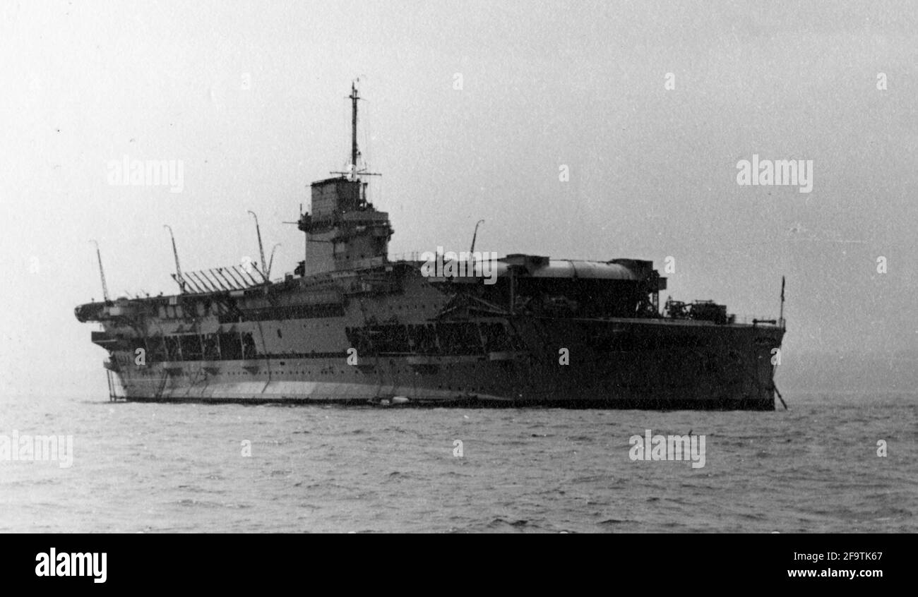 AJAX VINTAGE PICTURE LIBRARY. MAY, 1937. SPITHEAD, ENGLAND. - HMS COURAGEOUS, ORIGINALLY LAUNCHED AS A BATTLE-CRUISER IN 1916, CONVERTED TO AN AIRCRAFT CARRIER IN 1924, BECAME TRAINING CARRIER IN 1938, WAS PRESENT AT THE CORONATION FLEET REVIEW AT SPITHEAD ON 20TH MAY, 1937 FOR KING GEORGE VI. FIRST BRITISH WARSHIP TO BE SUNK BY GERMAN SUBMARINE U-29 IN SEPTEMBER 1939 WHILE ON ANTI-SUBMARINE PATROL OFF IRELAND. PHOTO:AJAX VINTAGE PICTURE LIBRARY REF:50 21 38 Stock Photo