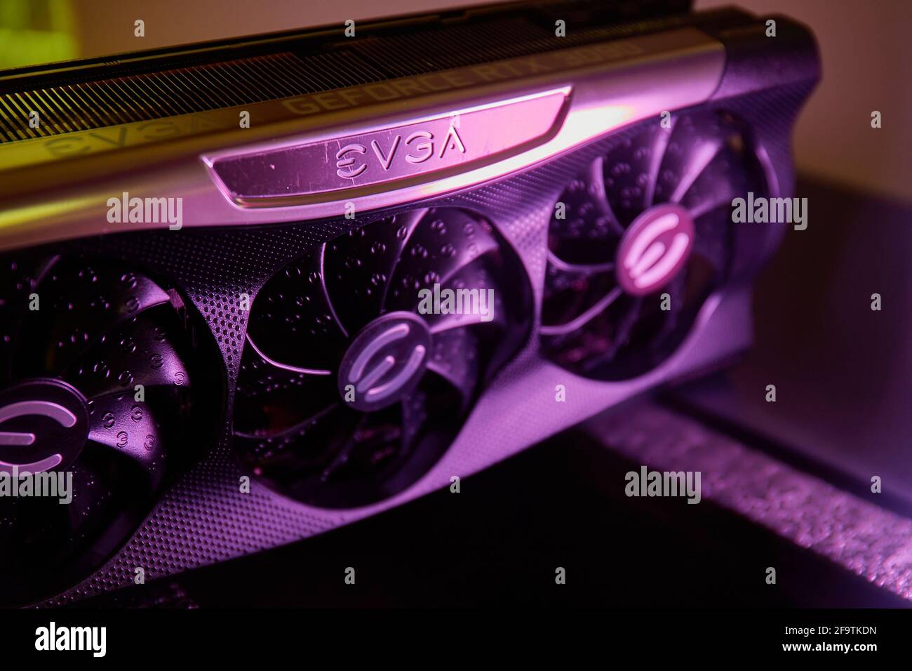 Geforce RTX 3090 Nvidia GPU graphics card inside a gaming computer configuration Stock Photo