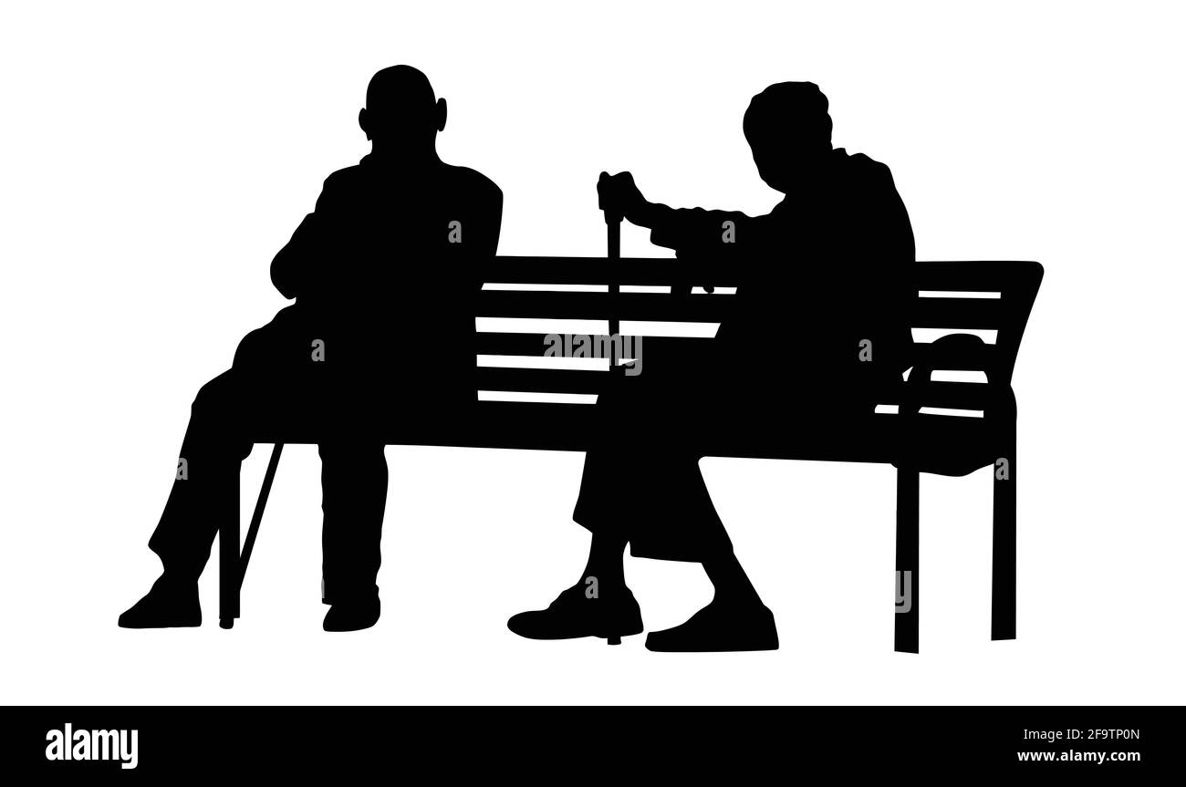 Two elderly people silhouettes sitting on a park bench on white background, vector illustration Stock Vector