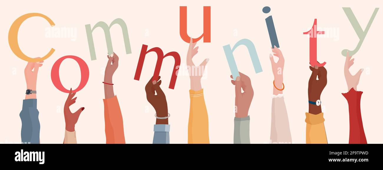 Group of raised hands holding the text Community. People diversity.Teamwork or community cooperation concept. Connection between diverse people.Share Stock Vector