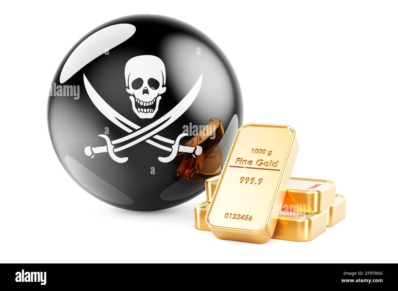 Golden ingots with piracy flag, 3D rendering isolated on white ...