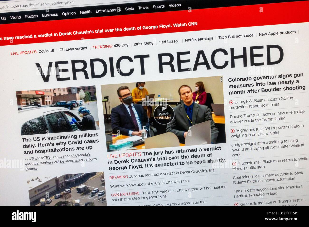 'Verdict Reached',  reaction to conviction of Derek Chauvin for murder of George Floyd on the CNN website, 20th April 2021. Stock Photo