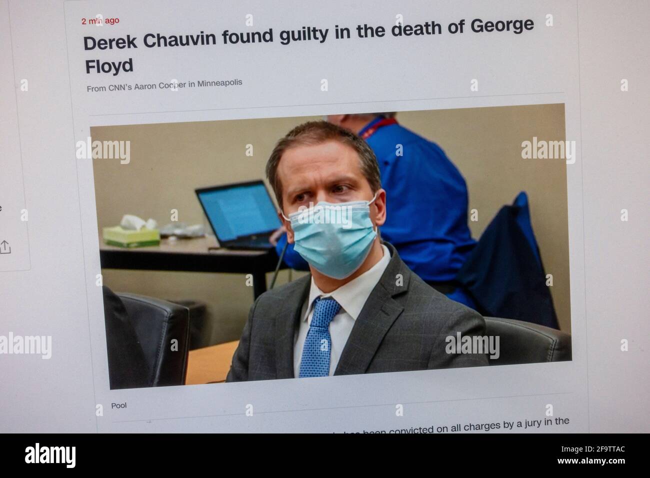 Immediate web reaction to conviction of Derek Chauvin for murder of George Floyd on the NBC News website, 20th April 2021. Stock Photo