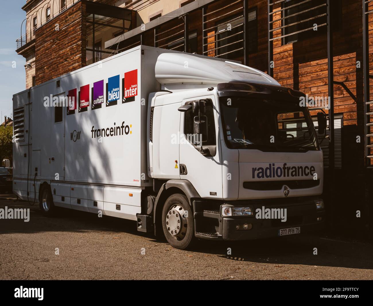 broadcast Audio video truck from France Inter with logotypes of France Stock Photo