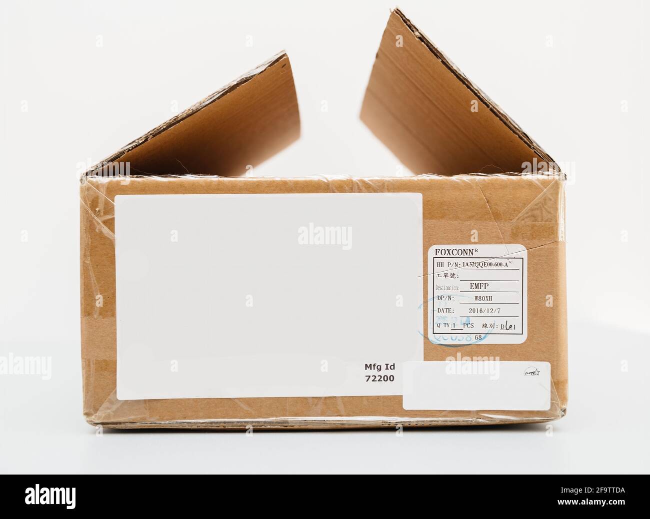 ide view of Foaxconn cardboard parcel with spare parts for Workstation Stock Photo