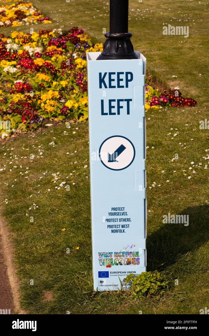 Segregated footpath sign during Covid 19 pandemic. Hunstanton, Norfolk, England. Stock Photo