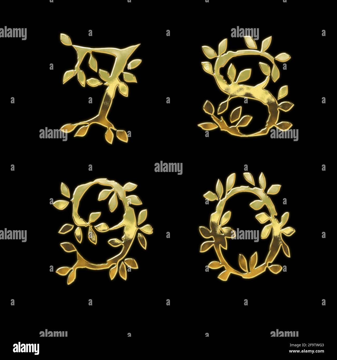 3D rendering of Golden leaf style font alphabet - digits 7-0 Stock Photo