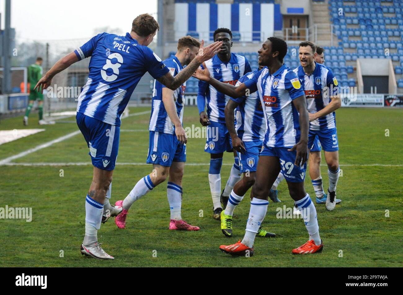 Colchester, UK. 20th April 2021. Both of Colchesters goal scorers Harry Pell and Michael Folivi celebrate the second goal during the Sky Bet League 2 match between Colchester United and Southend United at the Weston Homes Community Stadium, Colchester on Tuesday 20th April 2021. (Credit: Ben Pooley | MI News) Credit: MI News & Sport /Alamy Live News Stock Photo
