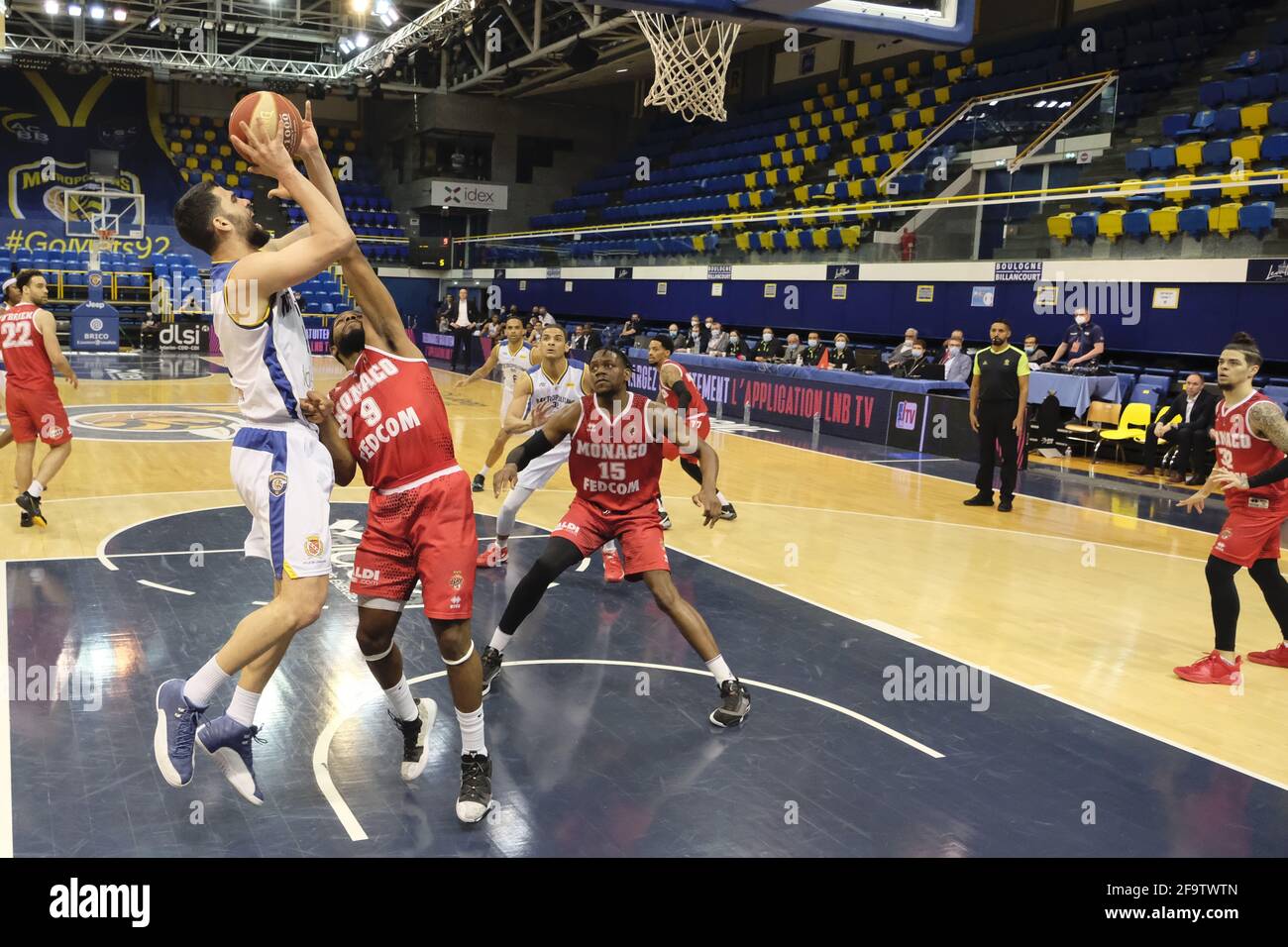Levallois, Hauts de Seine, France. 20th Apr, 2021. TOMER GINAT power  forward of Levallois in action during the French Basket championship Jeep  Elite between Levallois and Monaco at Marcel Cerdant stadium -