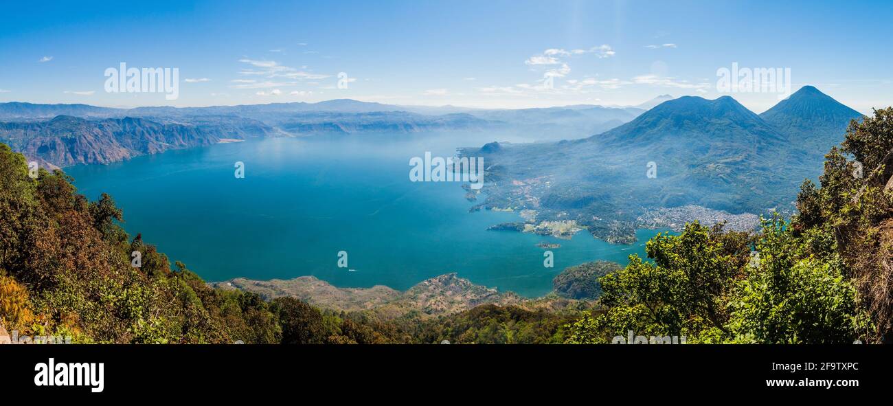 Atitlan lake in Guatemala, picture taken from San Pedro volcano. Volcanoes Cerro de Oro, Toliman, Atitlan at the right side. Stock Photo