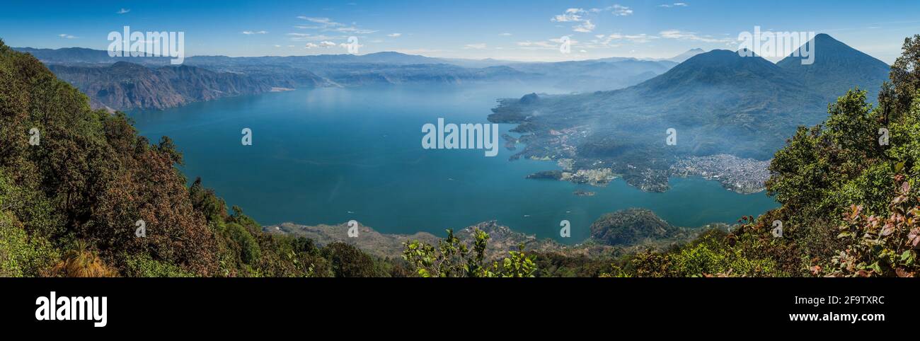 Atitlan lake in Guatemala, picture taken from San Pedro volcano. Volcanoes Cerro de Oro, Toliman, Atitlan at the right side. Stock Photo