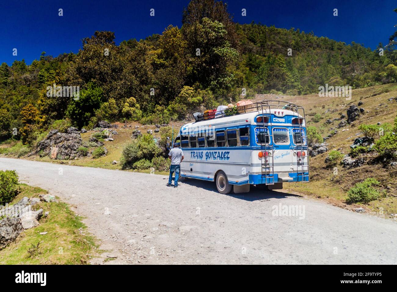 SAN MATEO IXTATAN, GUATEMALA - MARCH 19, 2016: Local bus on a road San Mateo Ixtatan - Yalambojoch. Stock Photo