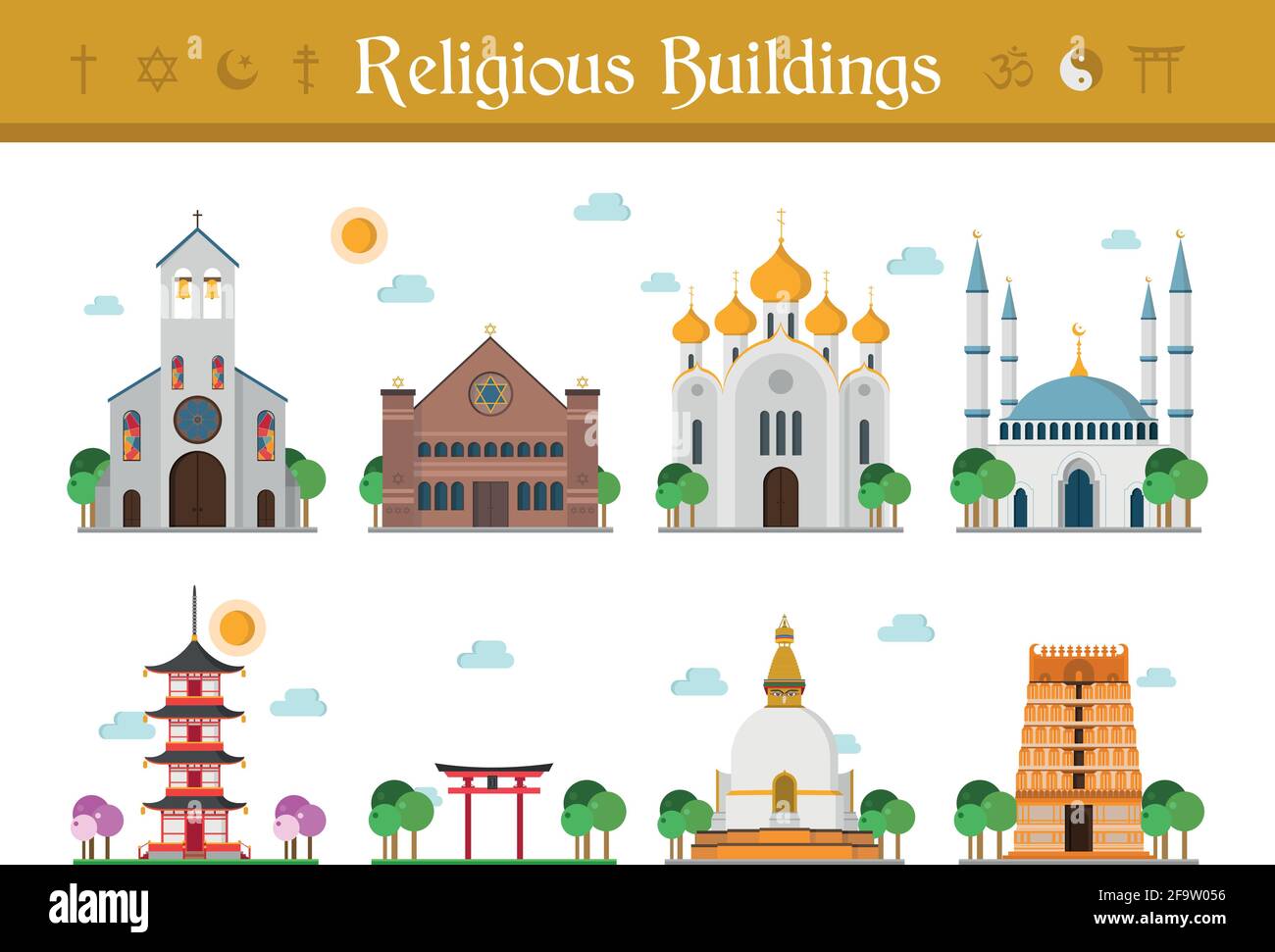 Set of Religious Buildings Vector Illustration: Catholicism, Judaism, Orthodox Church, Islamism, Buddhism, Taoism and Hinduism. Stock Vector