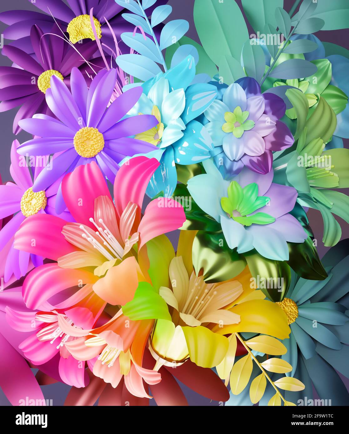 Bouquet of colourful mixed flowers. Background floral decoration 3D illustration. Stock Photo