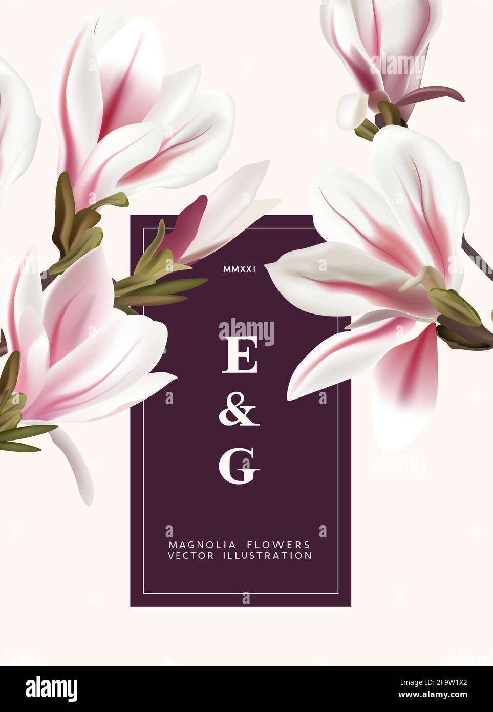 Natural magnolia realistic flowers contemporary invitation layout designs. Event marketing floral pattern background vector illustration. Stock Vector