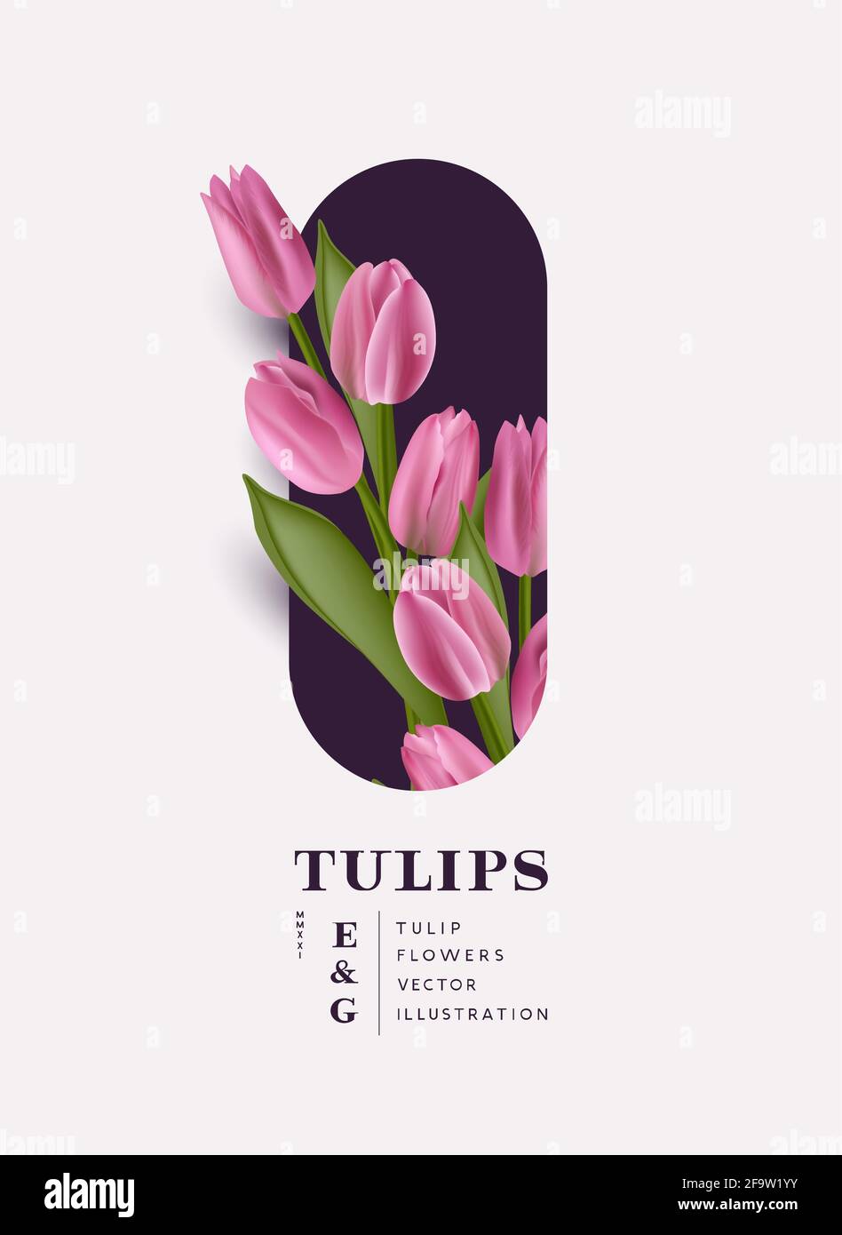 Floral Tulips flowers placement card template. Contemporary layout vector illustration. Stock Vector