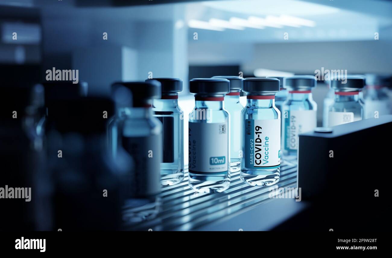 Bottle vials of Covid-19 vaccine production in cold refrigerated storage. Pharmaceutical 3D illustration. Stock Photo