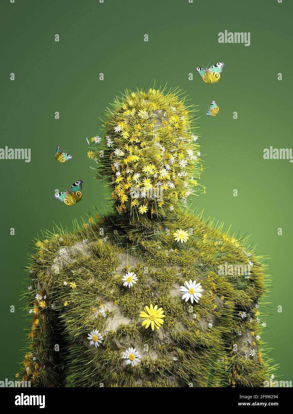 A human abstract figure made from natural organic materials such as wildflowers. Green living, People and the environment 3D illustration. Stock Photo