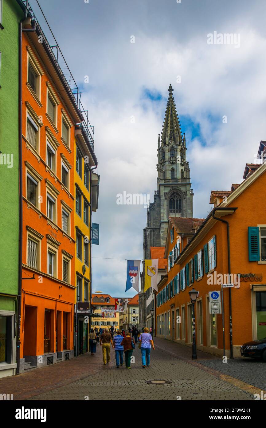 KONSTANZ, GERMANY, JULY 24, 2016: View of a narrow street with cathedral at ist end in Konstanz in Germany. Stock Photo