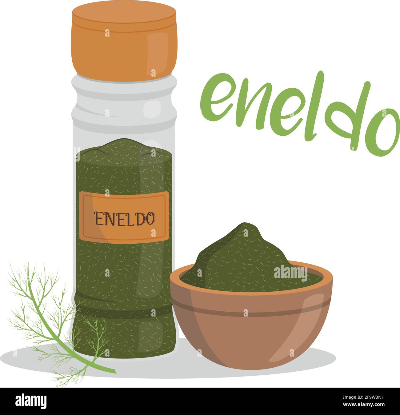 Vector dill illustration isolated in cartoon style. Spanish name. Herbs