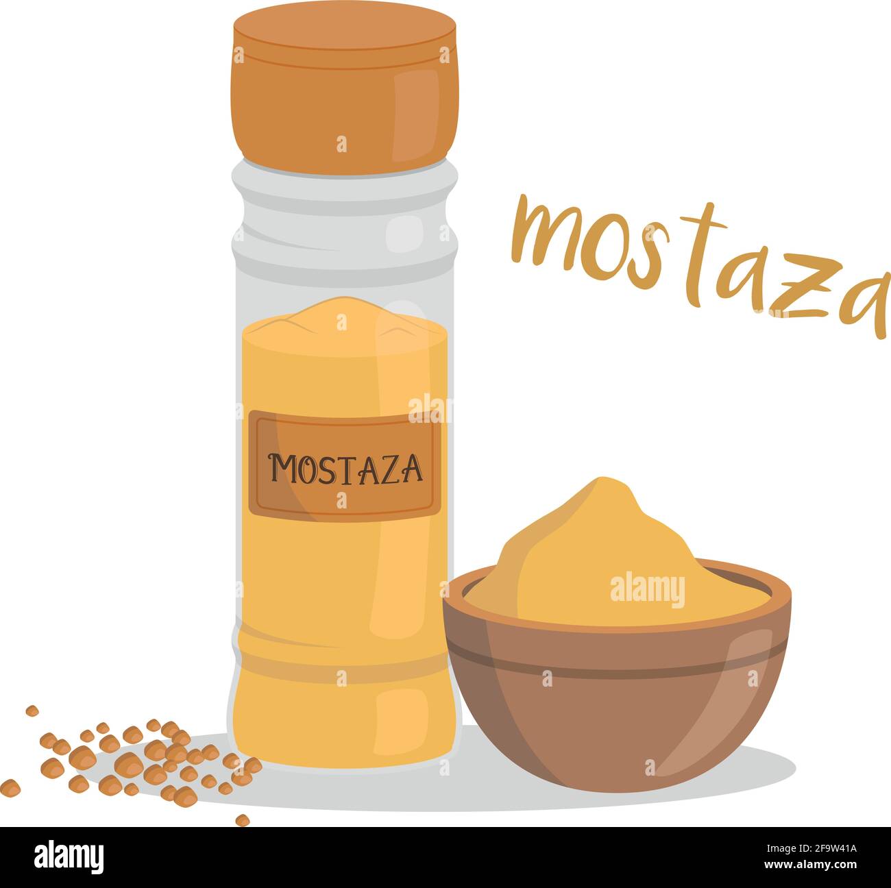 Vector mustard illustration isolated in cartoon style. Spanish name. Herbs and Species Series