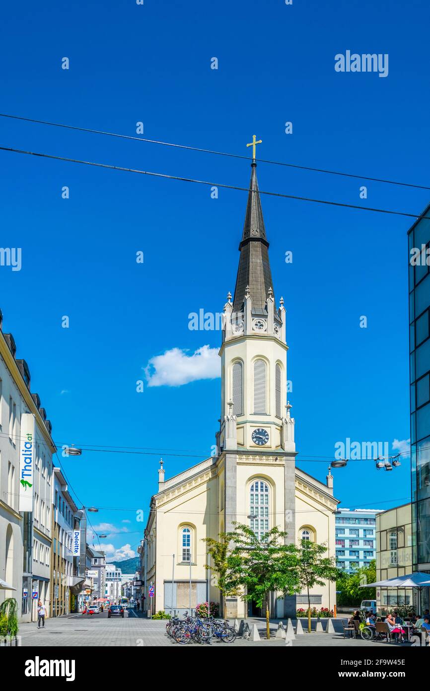 LINZ, AUSTRIA, JULY 30, 2016: View of an evangelic church situated on the Landstrasse street in the Austrian city Linz. Stock Photo