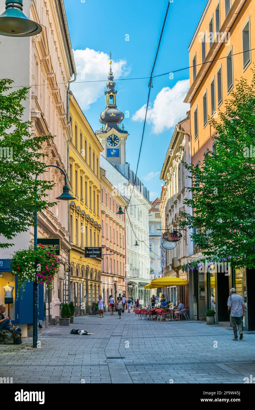 LINZ, AUSTRIA, JULY 30, 2016: View of a narrow street in the historical center of the Austrian city Linz. Stock Photo
