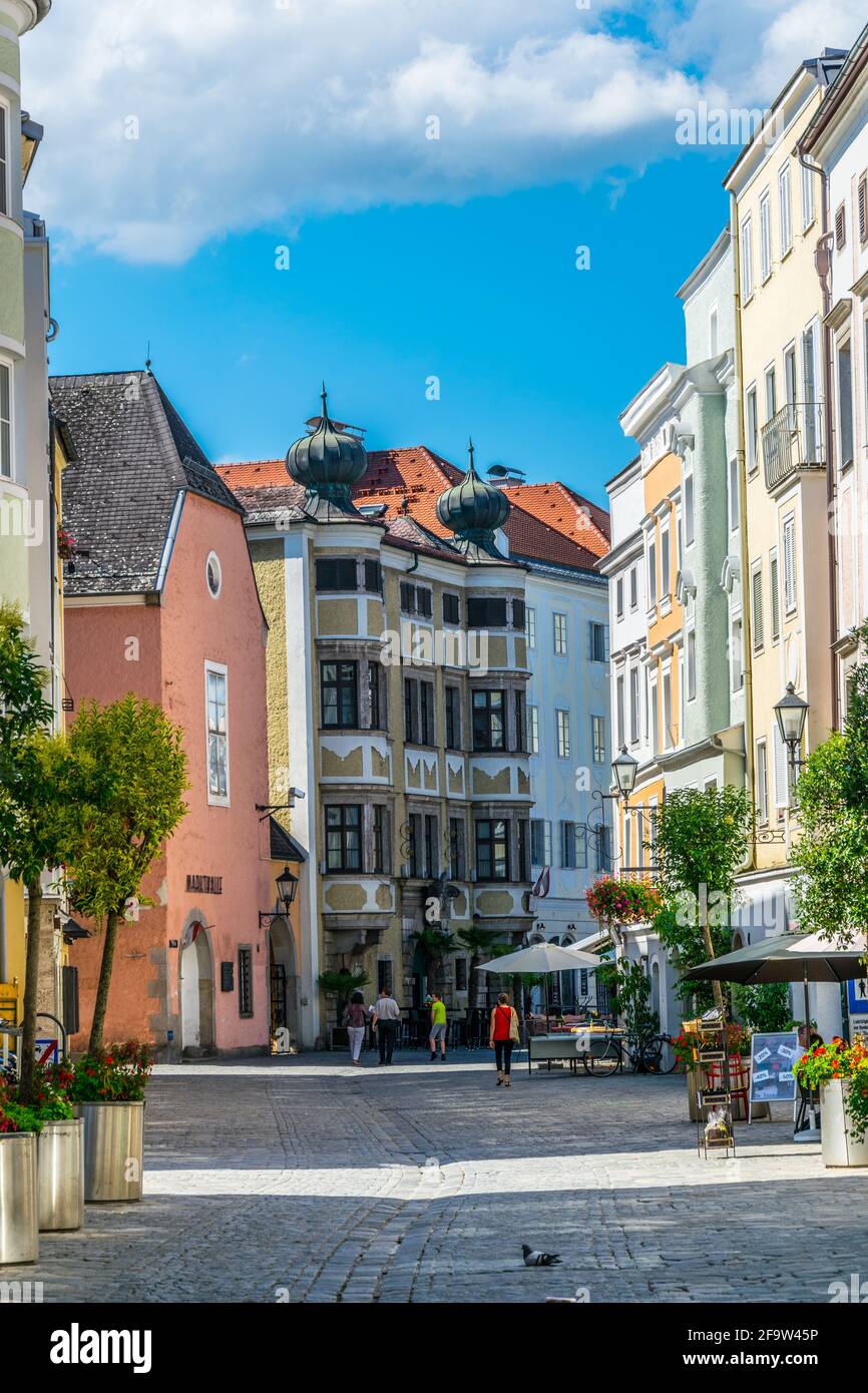 LINZ, AUSTRIA, JULY 30, 2016: View of a narrow street in the historical center of the Austrian city Linz. Stock Photo