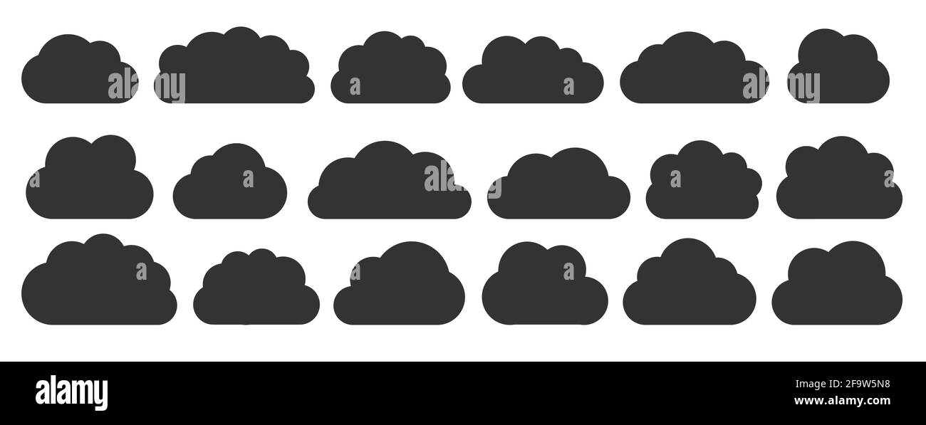 Black flat vector cloud set. Clouds cartoon symbols on white background ...