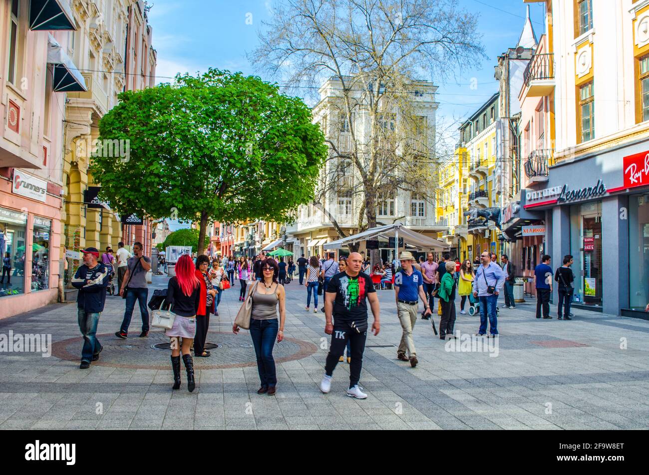 PLOVDIV, BULGARIA, APRIL 7, 2015: People are strolling through the main boulevard in center of Plovdiv which is the host of the European Capital of Cu Stock Photo