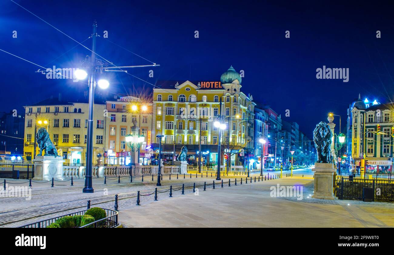 SOFIA, BULGARIA, APRIL 7, 2015: night view of the illuminated lions bridge (lavov most) in bulgarian capital sofia. Stock Photo