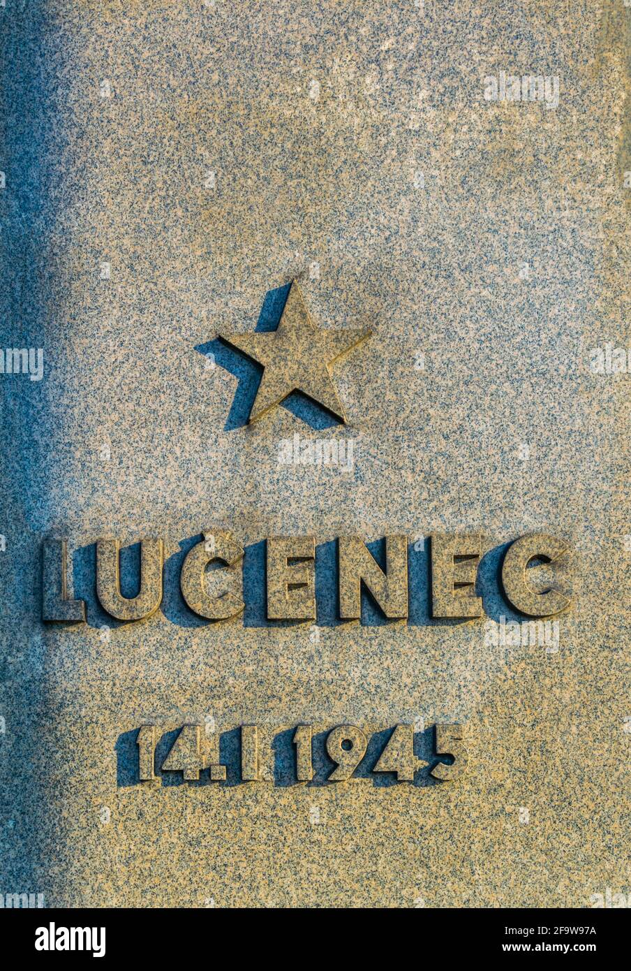 BRATISLAVA, SLOVAKIA, MAY 28, 2016: a memorial desk at the slavin military cemetery commemorating battle of Lucenec on 14.1.1945, Bratislava, Slovakia Stock Photo