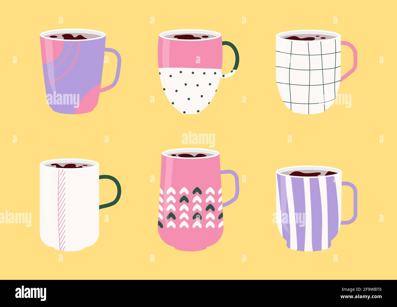 Collection colorful ceramic cups. Set icons of mugs with various ornaments filled with drink, hot tea or coffee. Doodle abstract, linear pattern on cup. Flat cartoon style design. Vector illustration Stock Vector